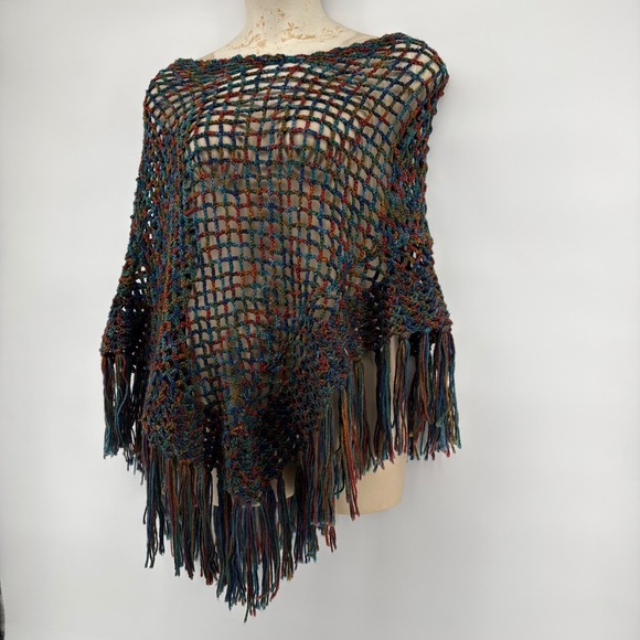 Womens Crochet Poncho Sweater Multi Color Fringe Boho Casual  Handmade OSFM - Picture 4 of 7